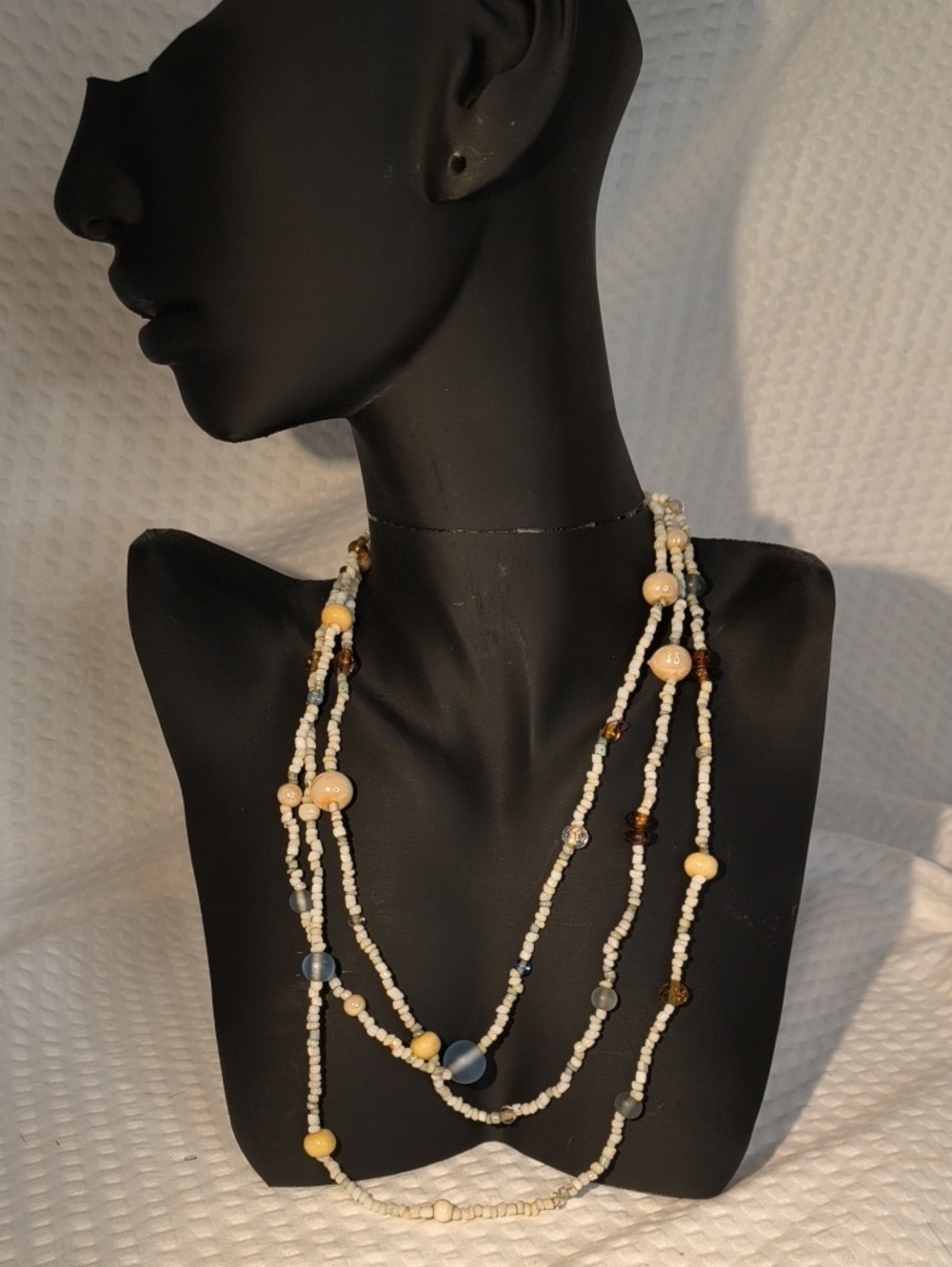 Long Multi-Strand Beaded Necklace in Cream, Yellow & Blue - Brand: